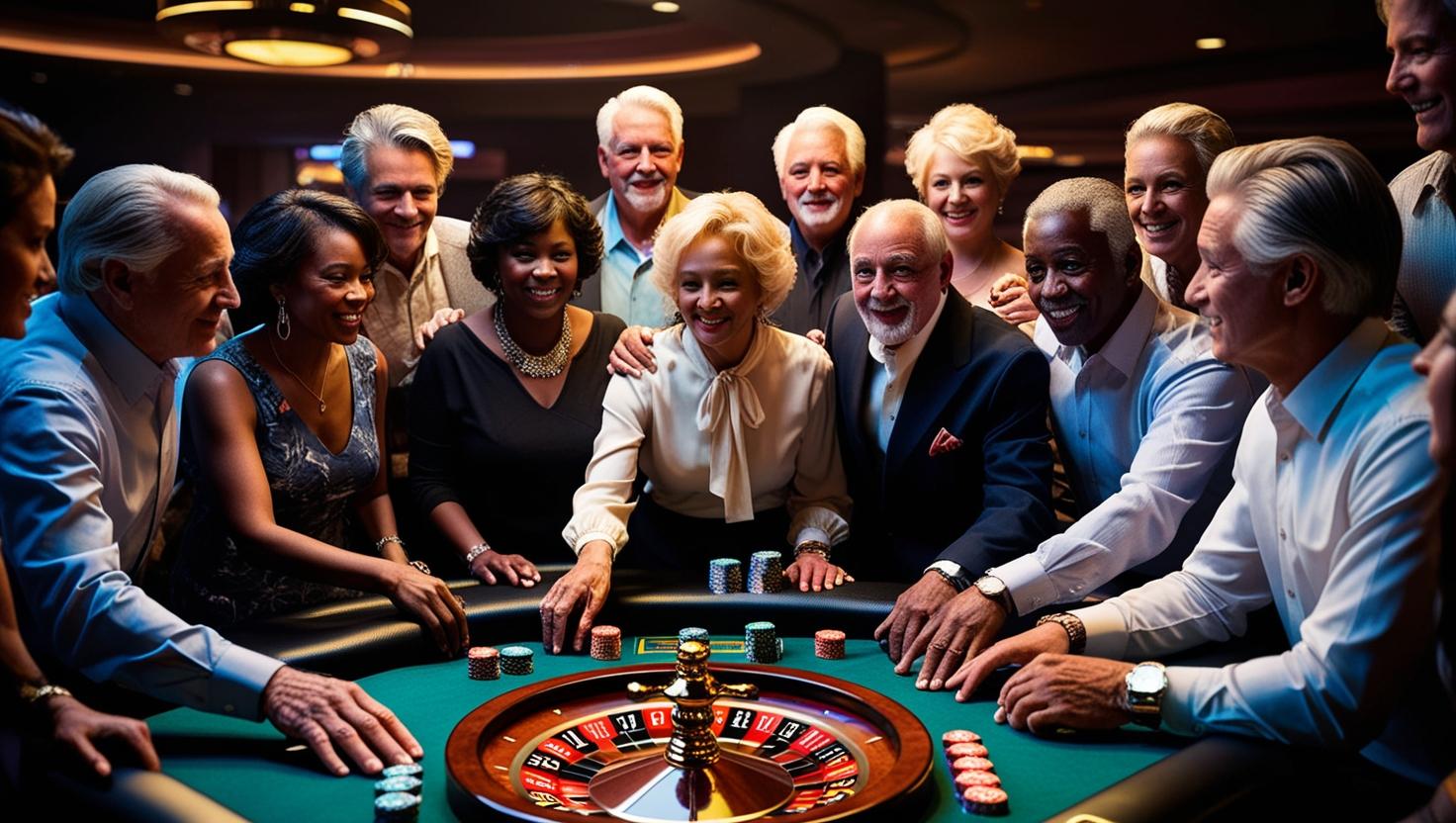 Senior adults gathered around a roulette table enjoying a game together